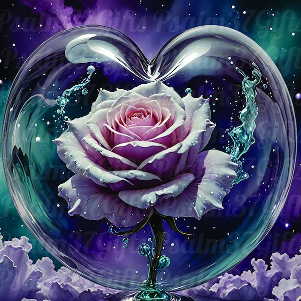 3D Glass Heart Pink Rose inside purple clouds alcohol ink liquid glass art sublimation tumbler wrap 3D Rose Pngs 1 has Mom 1 doesnt Mom Gift