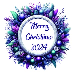 Adorno de corona morado y verde azulado de Feliz Navidad 2024 png jpg pdf Círculo jpg Posavasos de pizarra de sublimación tarjetas regalo almohadas manta vaso envoltura