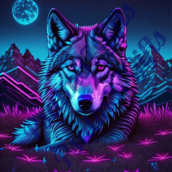 Neon Wolf Purple Blue Graphic PDF Jpeg PNG Sublimation Instant Download Digital Printable tumbler mug wrap wind sun catcher gift shirts