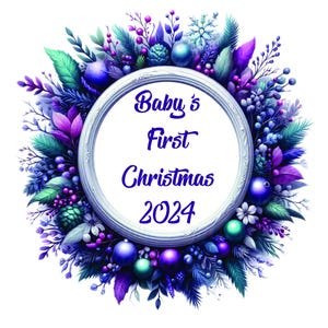 Corona de adornos navideños para el primer bebé Círculo png jpg Posavasos de pizarra para sublimación Tarjetas 1 Bebé Morado Verde azulado Regalo Almohadas Mantas Invitaciones