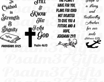 4 Christian Bible verse svg bundle Hebrews 6 19, Psalm 46 10, Jeremiah 29 11, Proverbs 31 25 strength dignity, future be still, anchor souls