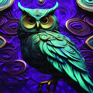 Gufo 3D png Viola Teal Fantasy Art sublimazione tumbler wrap camicie borse tote sottobicchieri girandola inviti Meme segnaletica Filigrana 600 dpi