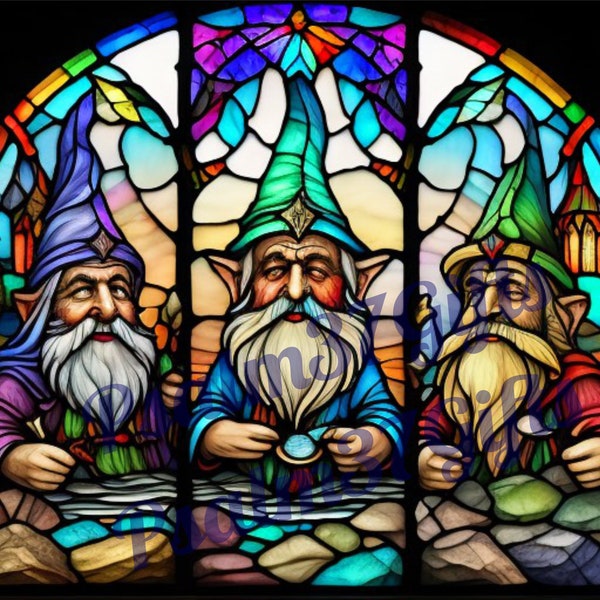 Gnomes stained glass Graphic Sublimation PDF Jpeg PNG Instant Download tumbler wrap sun wind catcher High Resolution AI Printable Gift troll