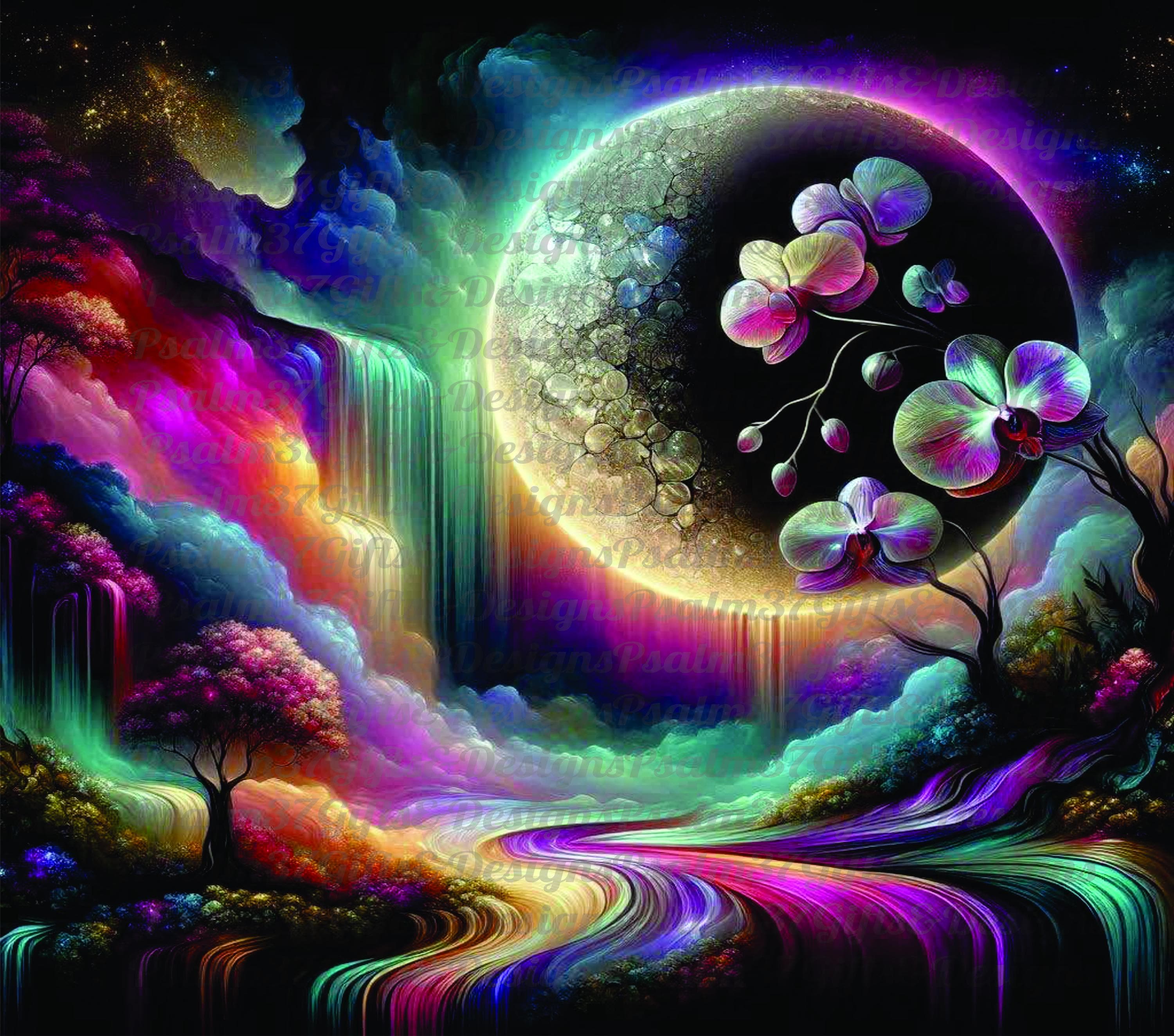 Abstracte AI-kunst prachtige maan schijnt over water orchideeën paars  groenblauw roze sublimatie wrap grafische afdrukbare kunst 600 dpi  hyperrealistisch, png - Etsy België, image size:3000x2647