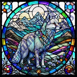 Arctic Fox stained glass Graphic PDF Jpeg PNG Sublimation Background Digital Instant Download Printable Paper tumbler mug wrap sun catcher