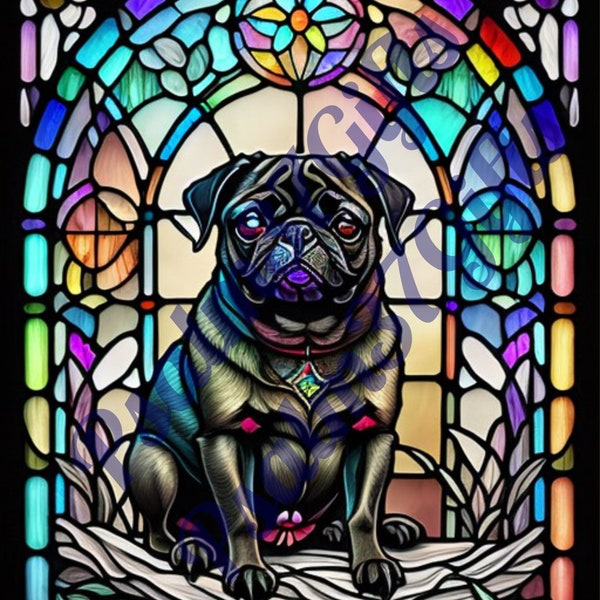 stained glass Pug  Graphic PDF Jpeg PNG Sublimation Background Digital Instant Download Printable Paper tumbler mug wrap wind sun catcher