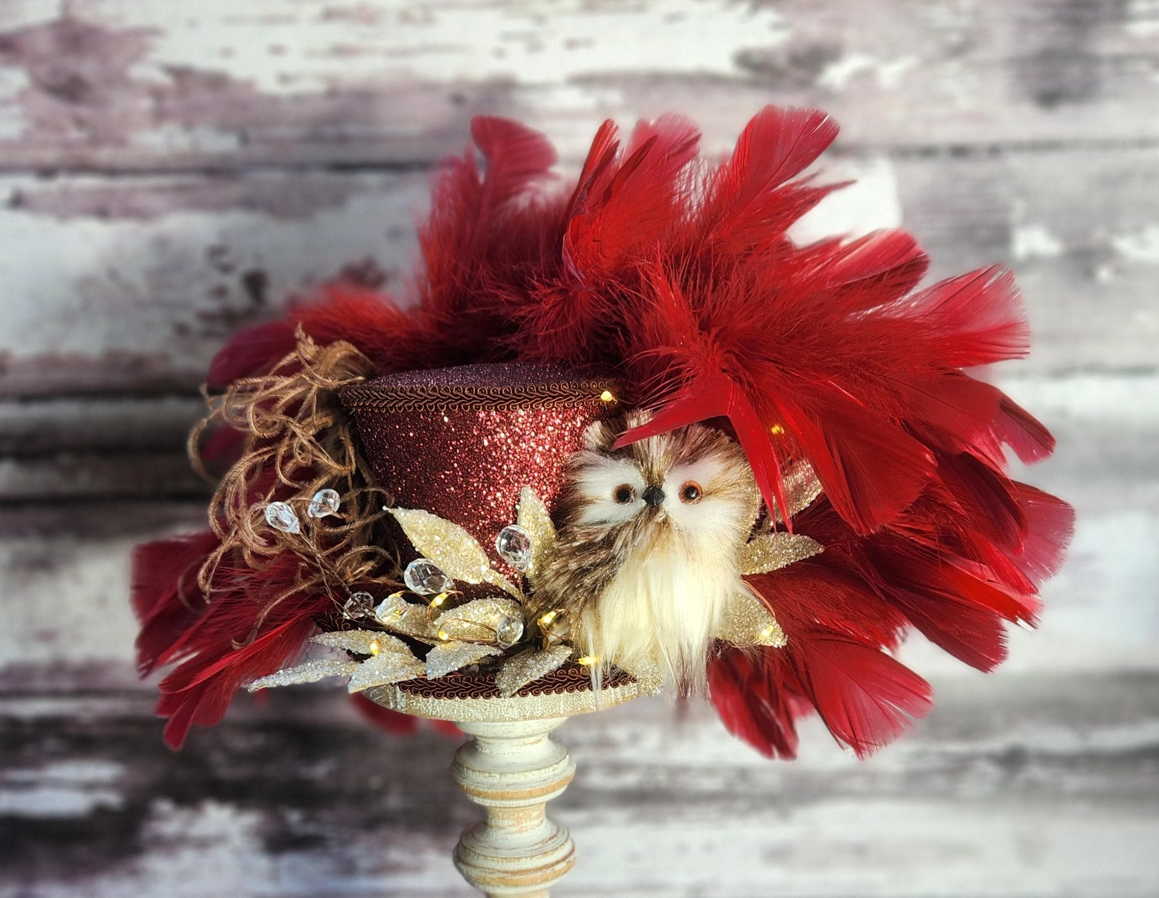 Mini Top Hat With Lights, Christmas, Owl, Cranberry, Winter