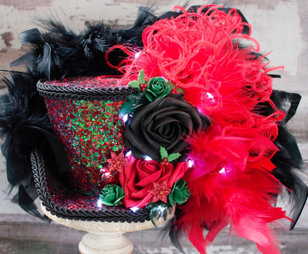 Mini Top Hat With Lights, Christmas, Poinsettias, Mad Hatter, Tea Party