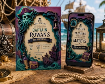 Op de afbeelding: Een verjaardagsuitnodigingskaart met piratenthema en een smartphone met een bijpassende digitale uitnodiging. Beide hebben een gelaagd papierontwerp met een schedel, een schip en de tekst "Captain Rowan's 8th Birthday" en "Parties are like treasure."