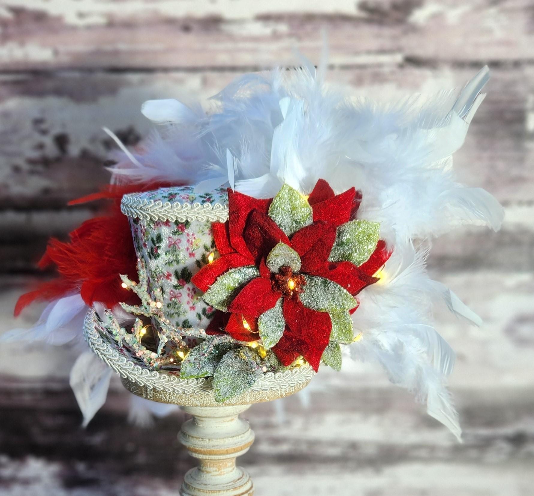 Mini Top Hat With Lights, Christmas, Poinsettia, Holly, Holiday