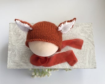 Newborn baby fox ears knit hat, Newborn fox hat baby photo props, Woodland baby animal hat knitted baby hat newborn bonnet photography props