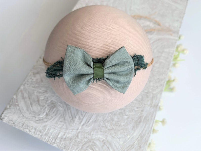 Sage Green Baby Bow Headband, Newborn Autumn/Fall Tieback Photography Props Green Bow Headband for Baby, Infant Tie Back Baby Girl Gift RTS