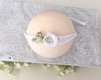 White flower newborn headband, Dainty white baby flower headband photography props, Christening baptism headband baby girl, Baby shower gift