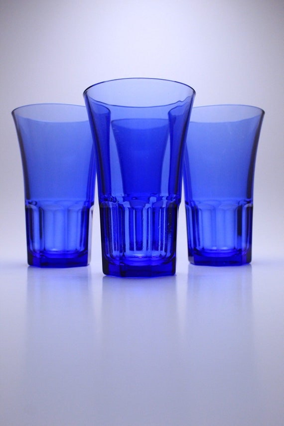 4 Cobalt Blue Glass Drinking Glasses Retro Cobalt Blue Etsy
