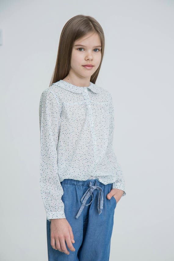 Blue Flower Blouse Peter Pan Collar Long Sleeves Bebe Etsy
