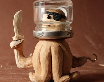 Hand Carved Wooden Octopus Pirate with Jam Jar Helmet | Whimsical Alien Sea Creature | Handmade Wood Figurine