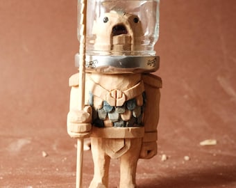 Hand Carved Wooden Fish Warrior with Jam Jar Helmet | Whimsical Sea Creature Figurine | Handmade Folk Art Sculpture