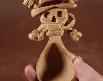 Hand Carved Skull Pirate Coffee Scoop | Wooden Coffee Spoon | Handmade Anime Inspired Kitchen Tool