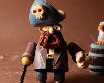 Hand Carved Wooden Pirate and Seagull Figurine | Whimsical Pirate Sculpture | Handmade Folk Art Character