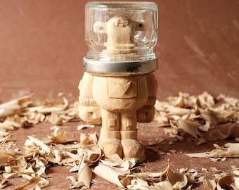 Hand Carved Wooden Alien with Jam Jar Helmet | Whimsical Wooden Figurine | Handmade Sci-Fi Folk Art Sculpture