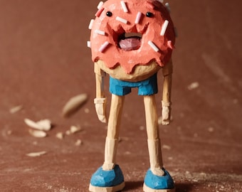 Hand Carved Wooden Donut Character | Whimsical Food Figurine | Handmade Folk Art Sculpture