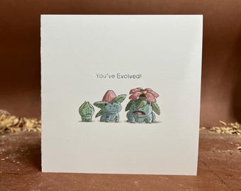 Bulbasaur Inspired Pokémon Birthday Card – “You’ve Evolved” Hand Drawn Greeting Card with Envelope | Gamer Birthday Card | Cute Nerd Gift