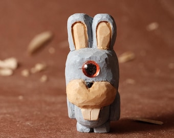 Hand Carved Wooden Bunny Cyclops | Whimsical Miniature Figurine | Handmade Folk Art Creature