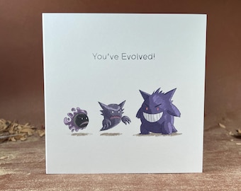 Op Gengar geïnspireerde Pokémon-verjaardagskaart: handgetekende wenskaart 'You've Evolved' met envelop | Verjaardagskaart gamer | Leuk nerdcadeau