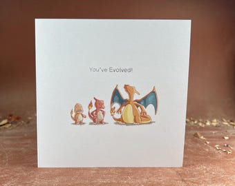 Charmander Inspired Pokémon Birthday Card – “You’ve Evolved” Hand Drawn Greeting Card with Envelope | Gamer Birthday Card | Cute Nerd Gift