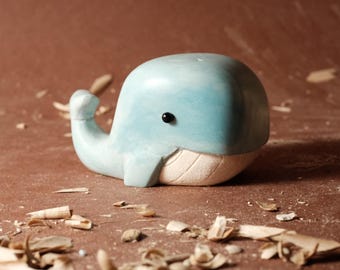 Hand Carved Wooden Whale Figurine | Whimsical Ocean Animal Sculpture | Handmade Folk Art Sea Creature