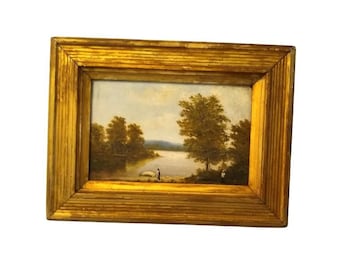 Original Antique Oil Painting Landscape Seascape River Scene American 19th Century Antique Oil Painting