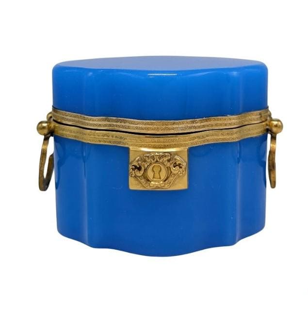 Antique French Opaline Box Jewelry Casket Blue French Glass Bronze