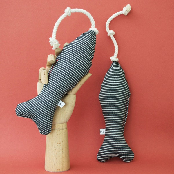 Dog Toy - The Ellery / Squeaky Stuffed Fish & Rope Tug / Cotton Denim Toys / Cute Dog Stuff / Modern Dog / Unique Dog Gifts / Handmade