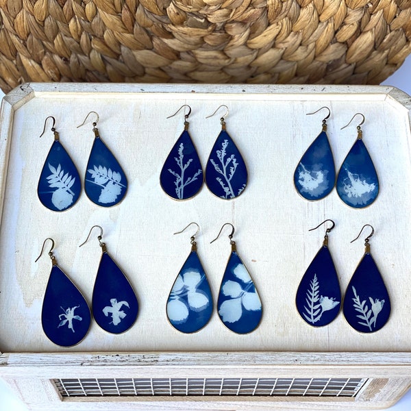 Cyanotype Earrings  I   Prussian Blue  I   Flower Earrings  I  Teardrop Shape  I  Alternative Photography  I  Handmade  I  Unique Earrings