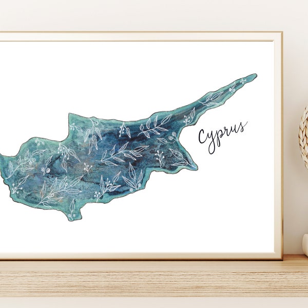 Printable Art  I  Watercolor & Ink Cyprus Map I  Instant Download  I    Olive Branches  I  Watercolor Art Print I  Boho Wall Art