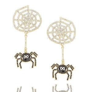 Spider Dangle Earrings. Spider Earrings. Halloween Spider Earrings. Crystal Spider Dangle Earrings. Spiderweb Earrings. Spiderweb Jewelry.