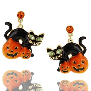 Brincos de Halloween. Brincos de gato preto. Brincos assustadores. Joias de Halloween. Brincos Jack-o-lantern. Brincos pendurados de Halloween.