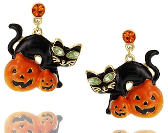 Halloween Earrings. Black Cat Earrings. Spooky Earrings. Halloween Jewelry. Jack-o-lantern Earrings.Halloween Dangle Earrings.Spooky Jewelry
