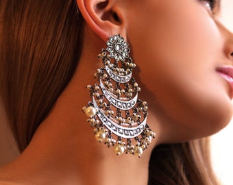 Large Cascade Statement Earrings In Black Gold