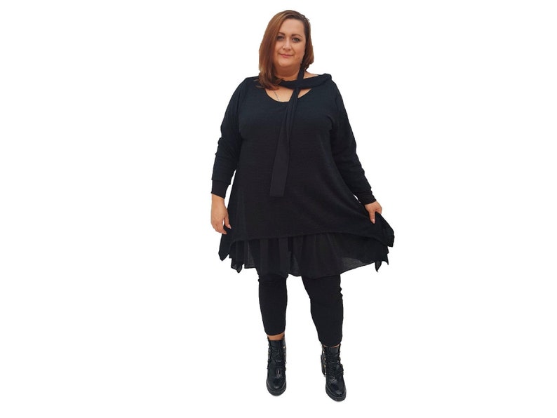Top Tunic Loose Baggy Long Sleeve Frill Scarf Lagenlook Plus Size l1017/_black