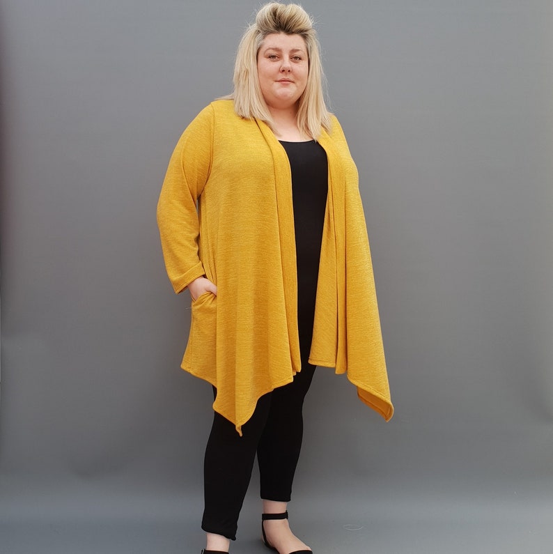 l1115/_yellow Womens Plus Size Cardigan Long Sleeves Open Front Handkerchief Hem