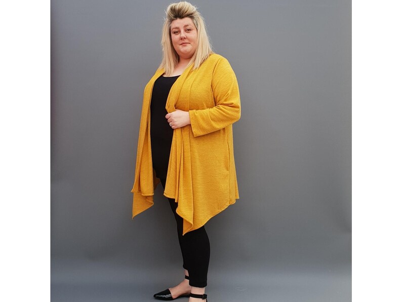 l1115/_yellow Womens Plus Size Cardigan Long Sleeves Open Front Handkerchief Hem