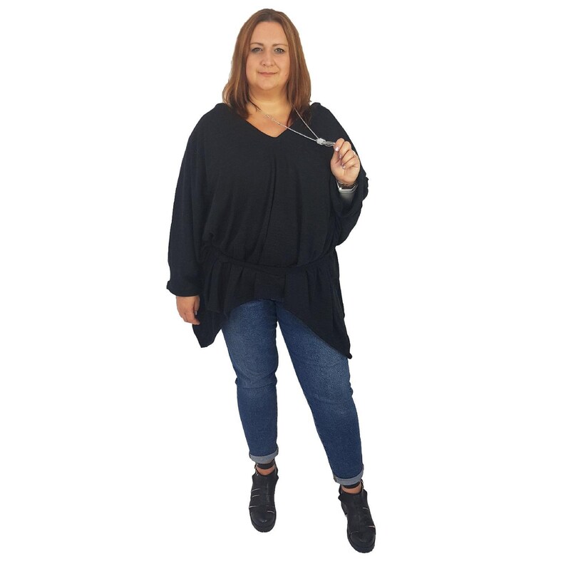 l1001/_black Top Tunic Poncho Vneck Scarf Belt Black Lagenlook Plus Size