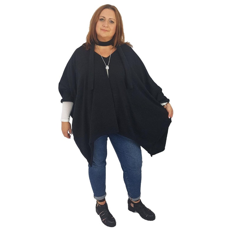 l1001/_black Top Tunic Poncho Vneck Scarf Belt Black Lagenlook Plus Size