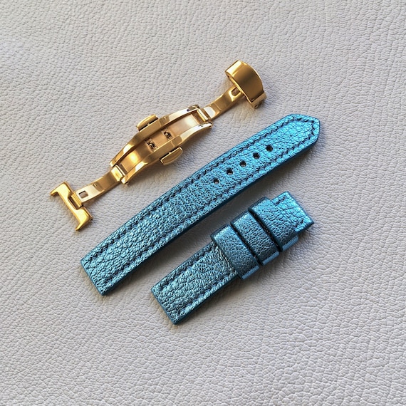 Buy Metallic, Sky Blue Leather Watch Strap 16mm, Butterfly Clasp