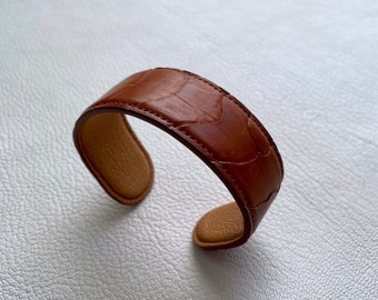 Tan, brown, adjustable, ostrich leather simple bracelet cuff