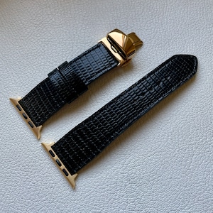Black Lizard Leather iWatch Strap: 22mm with Deployment Clasp