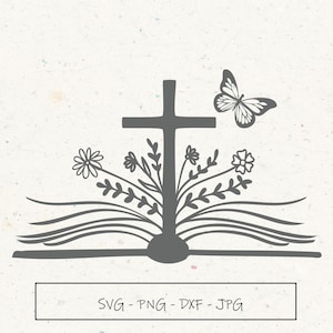 Open Bijbel met een kruis, bloemen en vlinders - SVG Cut-bestand voor Cricut en Silhouette - Christelijk religieus ontwerp voor etsgravure