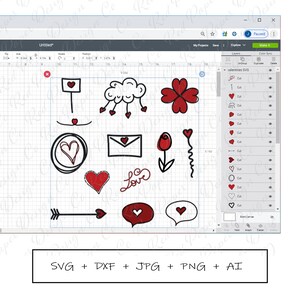 Arquivo de corte em camadas SVG de dia dos namorados, Doodles de coração cricut, rosas de amor, bolha de trevo de flecha, uso comercial de clipart, Canva