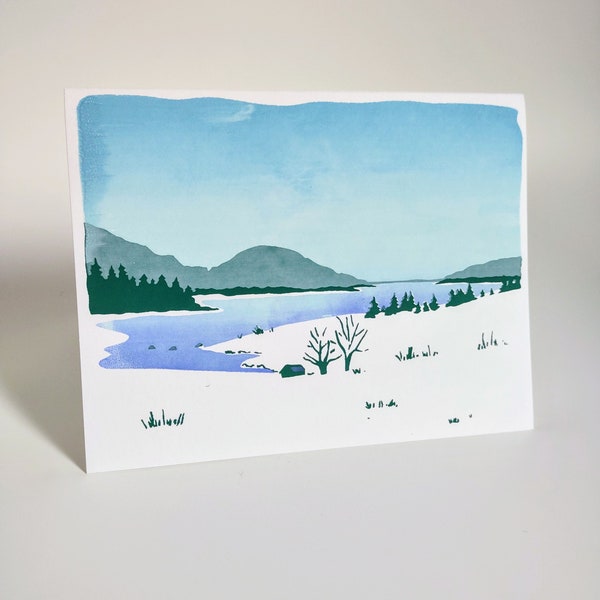 Winter Lake Silkscreen Stationary Blank Notecard 4x6 Mountain Landscape Snow Northeast Harbor Maine Recycled Paper Card 2 Pack with Envelope